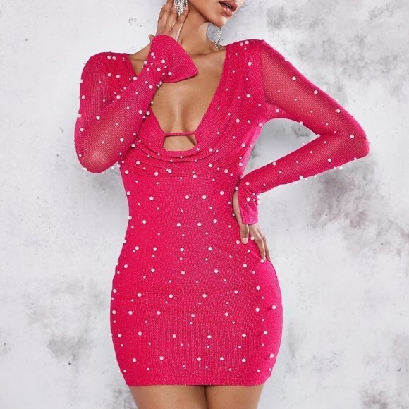 . Dresses & Skirts - Hot Pink Sexy Womens Pearls Beaded Cut Out Draped Front Split Cuff Bodycon Dress
